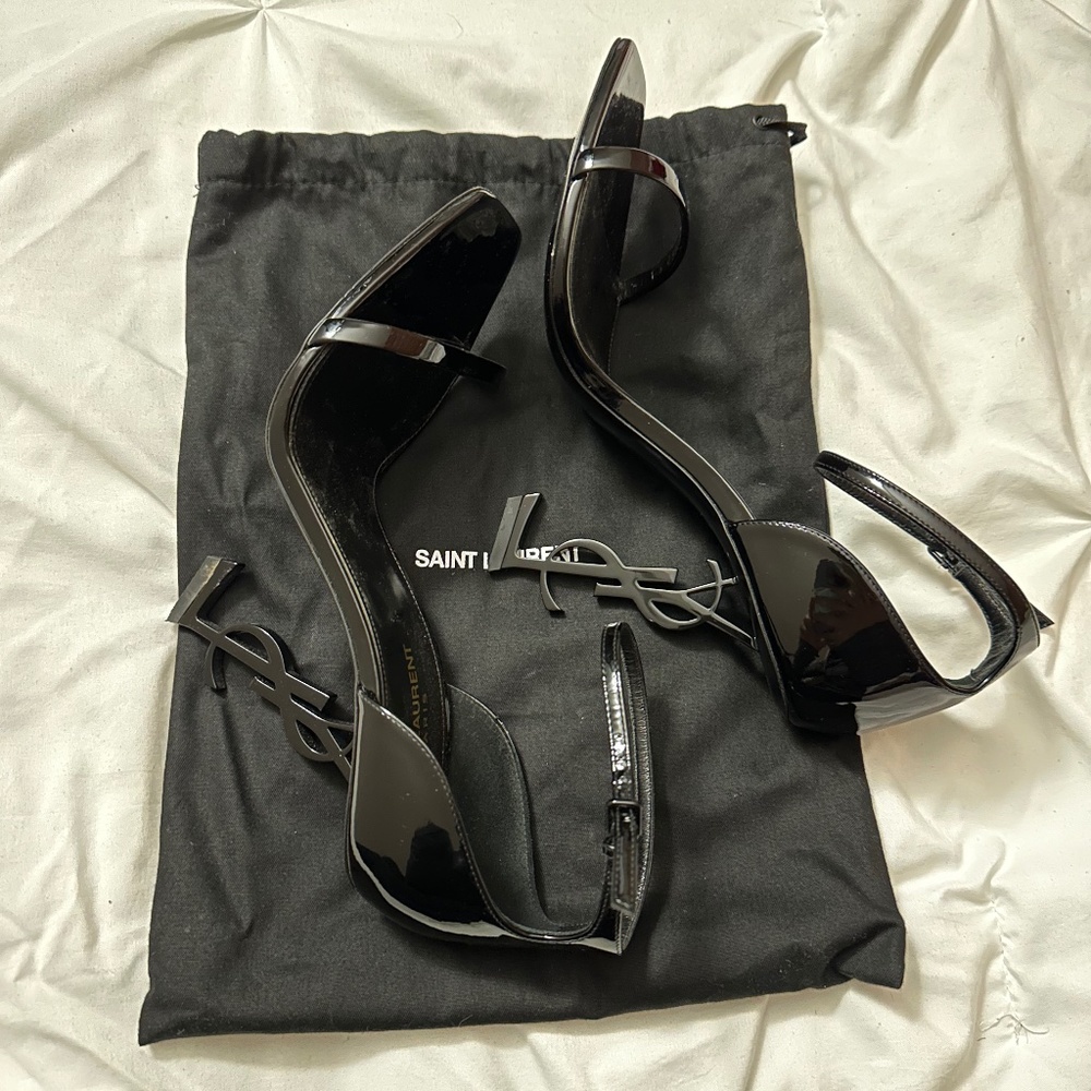 Opyum YSL Logo-Heel Sandals with Black Hardware